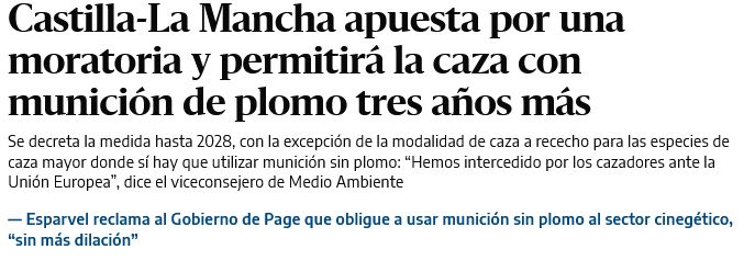 En Castilla-La Mancha ni siquiera se contabilizan los accidentes de caza. No sabemos cuántas personas fallecen cada año por la actividad cinegética

Además, el plomo es extremadamente dañino para el ecosistema

No se trata de qué municiones usar. La caza es un peligro para todas