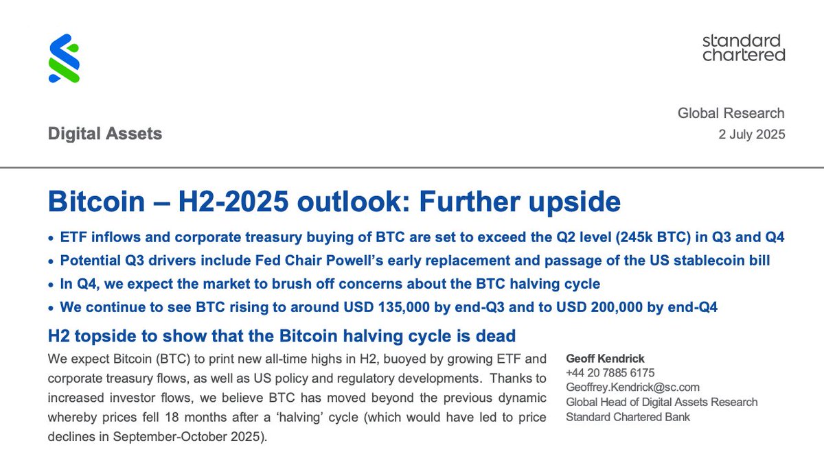NEW: Bitcoin to hit $135K by Q3 2025 and break $200K by EOY, per Standard  Chartered.