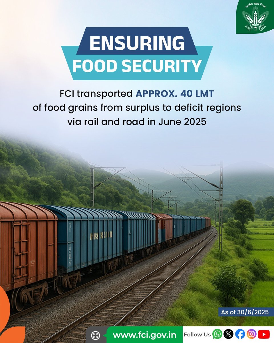 Food Corporation of India is dedicated to efficiently distributing food grains across the country, strategically transporting them from surplus regions to deficit areas. 

#Movement #FoodSecurity