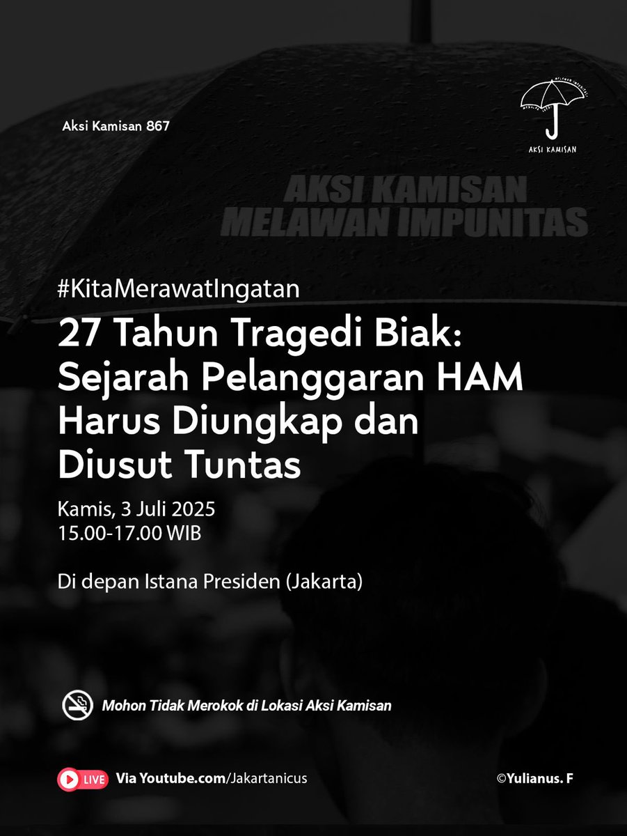Pablo (@samuelpab) on Twitter photo #AksiKamisan 867
#KitaMerawatIngatan 27 tahun Tragedi Biak Berdarah Juli 1998, refleksi aksi kekerasan & pelanggaran HAM berat dan kesaksian kawan2 korban penganiayaan polisi pada May Day 2025
MENOLAK PEMUTIHAN DOSA ORDE BARU
#JanganDiam #Lawan 👊🏽✊🏽
<a href="/sumarsih11/">sumarsih11</a> <a href="/AksiKamisan/">Aksi Kamisan</a> #AksiKamisan 867
#KitaMerawatIngatan 27 tahun Tragedi Biak Berdarah Juli 1998, refleksi aksi kekerasan & pelanggaran HAM berat dan kesaksian kawan2 korban penganiayaan polisi pada May Day 2025
MENOLAK PEMUTIHAN DOSA ORDE BARU
#JanganDiam #Lawan 👊🏽✊🏽
<a href="/sumarsih11/">sumarsih11</a> <a href="/AksiKamisan/">Aksi Kamisan</a>