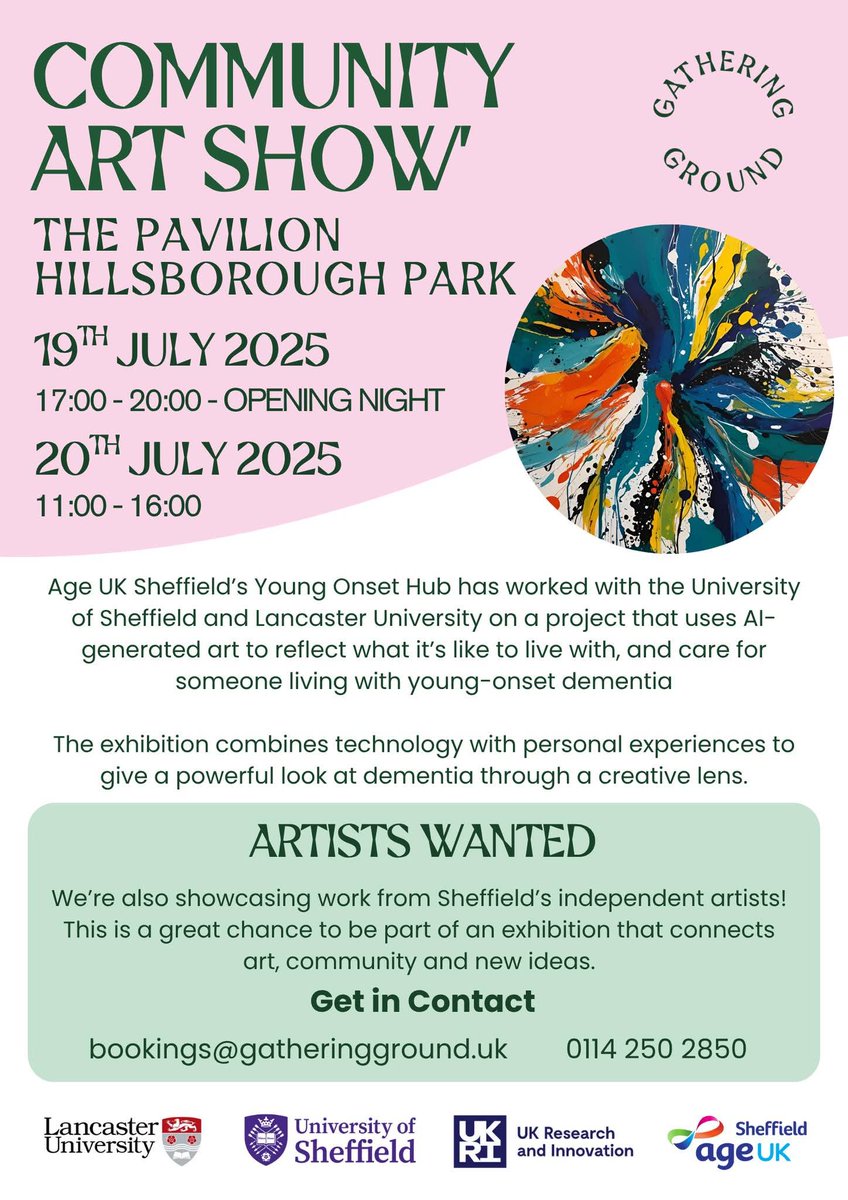 Save the date - the young-onset group <a href="/ageuksheffield/">Age UK Sheffield</a> have created and curated a set of powerful artworks not to be missed. See the exhibition at Hillsborough pavilion 19-20 July. #dementia <a href="/ShefHealthspan/">Healthy Lifespan Institute</a> <a href="/sheffielduni/">The University of Sheffield</a>