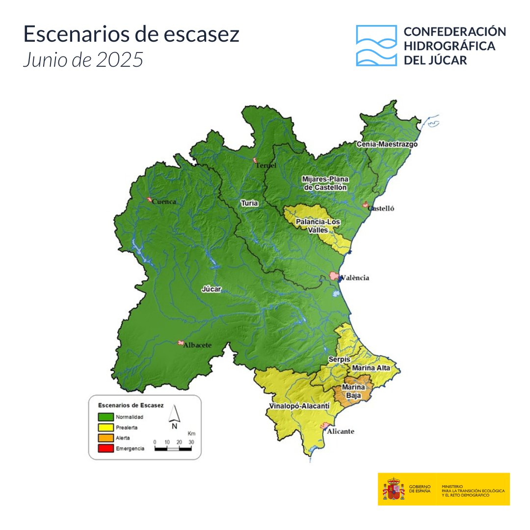 📋Publicamos el #InformeDeSequíaCHJ de junio, que trae varios cambios.

*⃣En cuanto a los escenarios de escasez:

🟠Marina Baja en alerta.

🟡Palancia-Los Valles, Serpis, Marina Alta y Vinalopó-Alacantí en prealerta.

🟢Normalidad en el resto de sistemas.

Sigue👇
