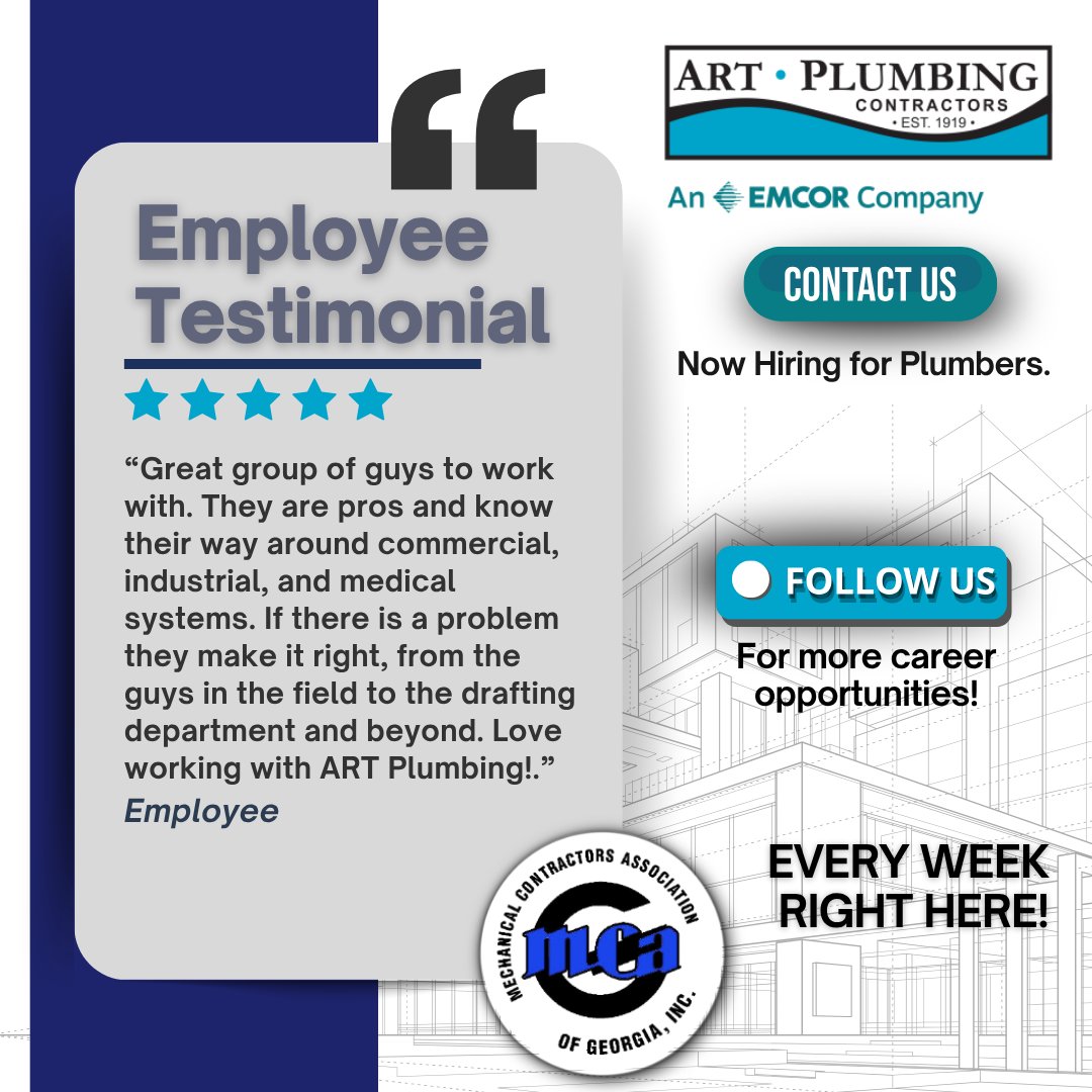 #ArtPlumbing is one of #Atlanta’s top #employers in the #Plumbing Industry, and their #employees say it best. If you’re an #experienced #plumber, they are #Hiring!
#Contactus to #learn more. bit.ly/3Y1nGaf 
#FOLLOWUS to hear about more #jobs! #TradeupTuesdays #Georgia