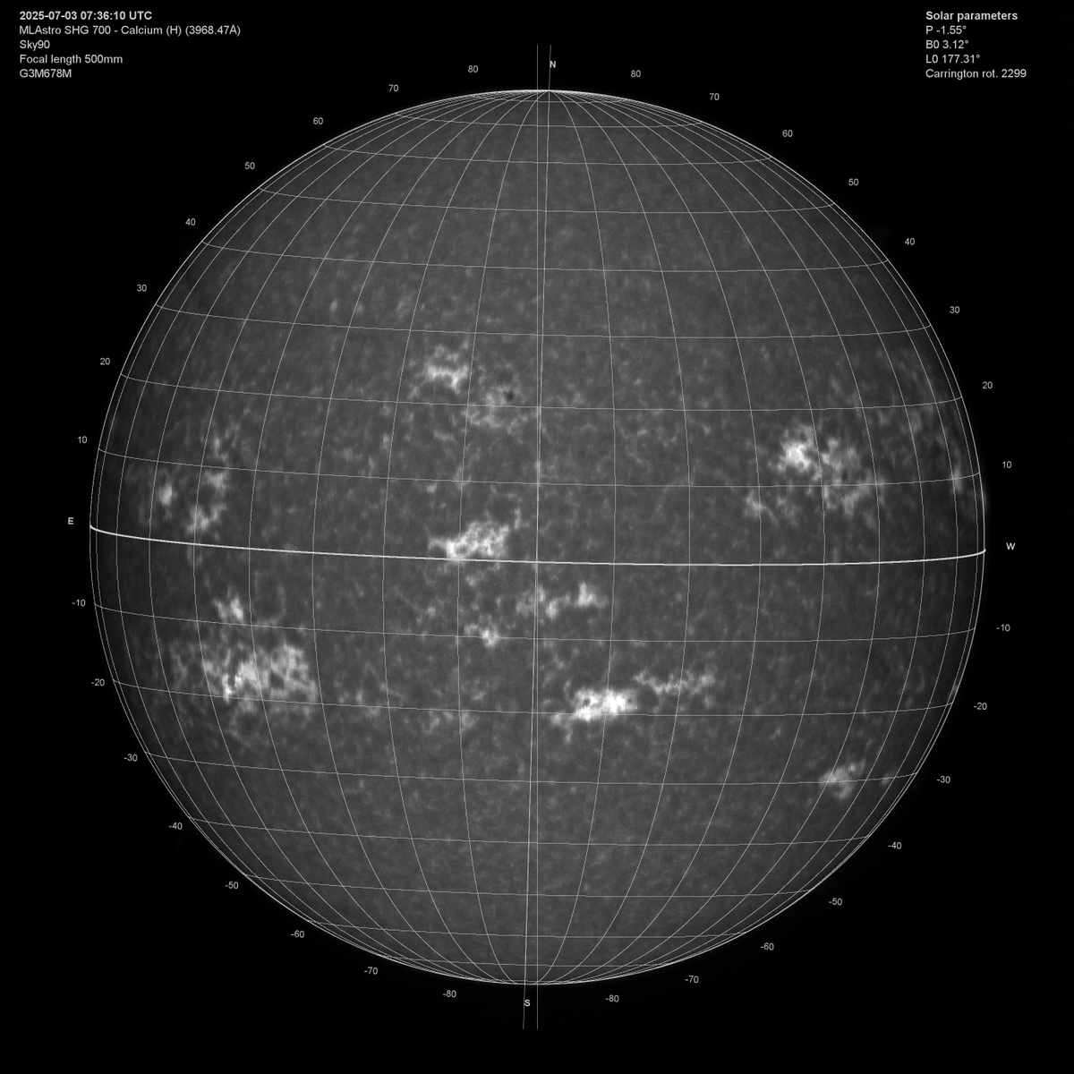 yltansg's tweet photo. 3Jul25. Scanned #Sun with #Spectrohelioscope in Calcium-H. Sun & its spots are quiet today. JSol'ex software re-constructed solar disk & labelled the spots. Some of JSol'ex output are attached. Intense magnetic fields & plages around sunspots in #Chromosphere are evident. https://t.co/uHvfUPv6Hy