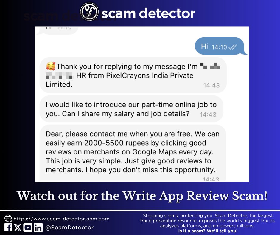 Job Scam Alert! ⚠️ Text messages offering "easy money" for writing fake app reviews are back. This persistent scam targets those seeking quick income. Learn how it works &amp; protect yourself: scam-detector.com/write-app-revi…

#JobScam #ScamAlert #Cybersecurity