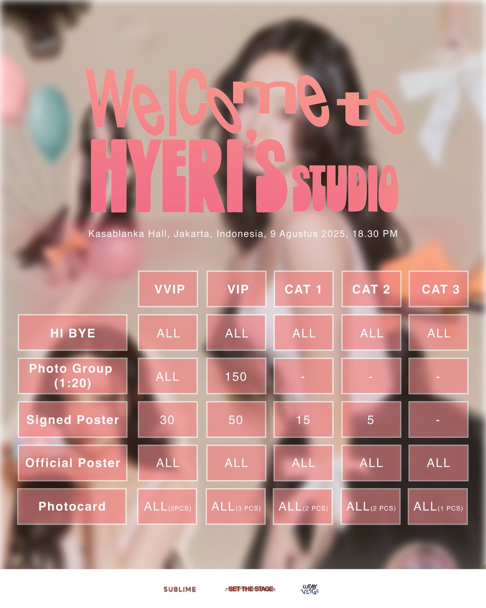 luppyverse's tweet image. 2025 HYERI FANMEETING TOUR &lt;Welcome to HYERI’s STUDIO&gt; IN JAKARTA
🕰|August 9, 2025 (Sat)
🕕|18:30
📍|KASABLANKA HALL
🎫 | only on TIKET.COM
Let’s make unforgettable memories with Hyeri! 🥹✨
#HYERI_in_JAKARTA
#HYERIFANMEETINGINJAKARTA
#LUPPYVERSE