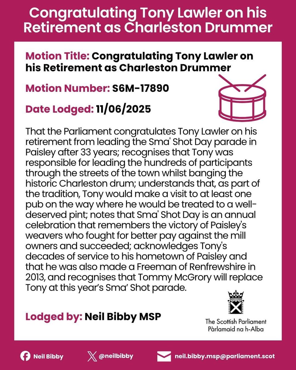 NeilBibby's tweet image. 🥁 Tony Lawler is a true Paisley legend.
He has laid down his drumsticks after 33 years of leading the town’s Sma’ Shot Day parade. A festival that remembers the weavers’ victory for fair pay.
Thank you Tony! @TonyLawler2