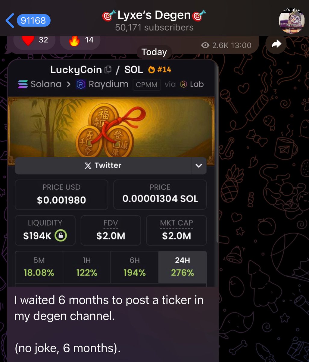 cryptolyxe's tweet photo. I waited 6 months to post a ticker in my degen channel.
(no joke, 6 months).
simply because Trump coin removed all conviction from the market,
every coin lasted maximum 24 hours,
but with $USELESS running to 300m, i finally feel confident to shill something "longer term" that i like.
i make no promises on market cap, or where it can go, i simply like the coin, and want to bring it to an audience that likes it too.
#LuckyCoin