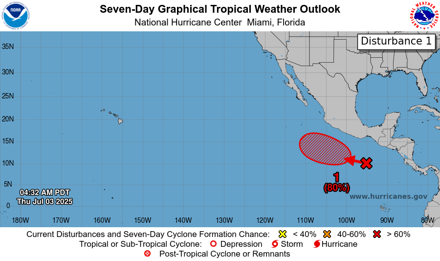 NHC_Pacific's tweet image. 5 am PDT - There is a high chance that a tropical depression will form well south of Mexico this weekend or early next week.  Visit hurricanes.gov for more info.