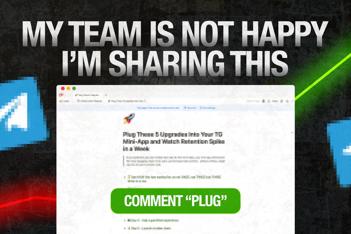 andrelqco's tweet image. 97% of Telegram mini-apps die within 48 hours because they skip the basics of user retention.

I added 5 simple upgrades to dying Web3 apps and got 267K+ users without touching a single line of smart contract code.

Like + Comment &quot;PLUG&quot; and I&apos;ll DM you this exact 5-day…