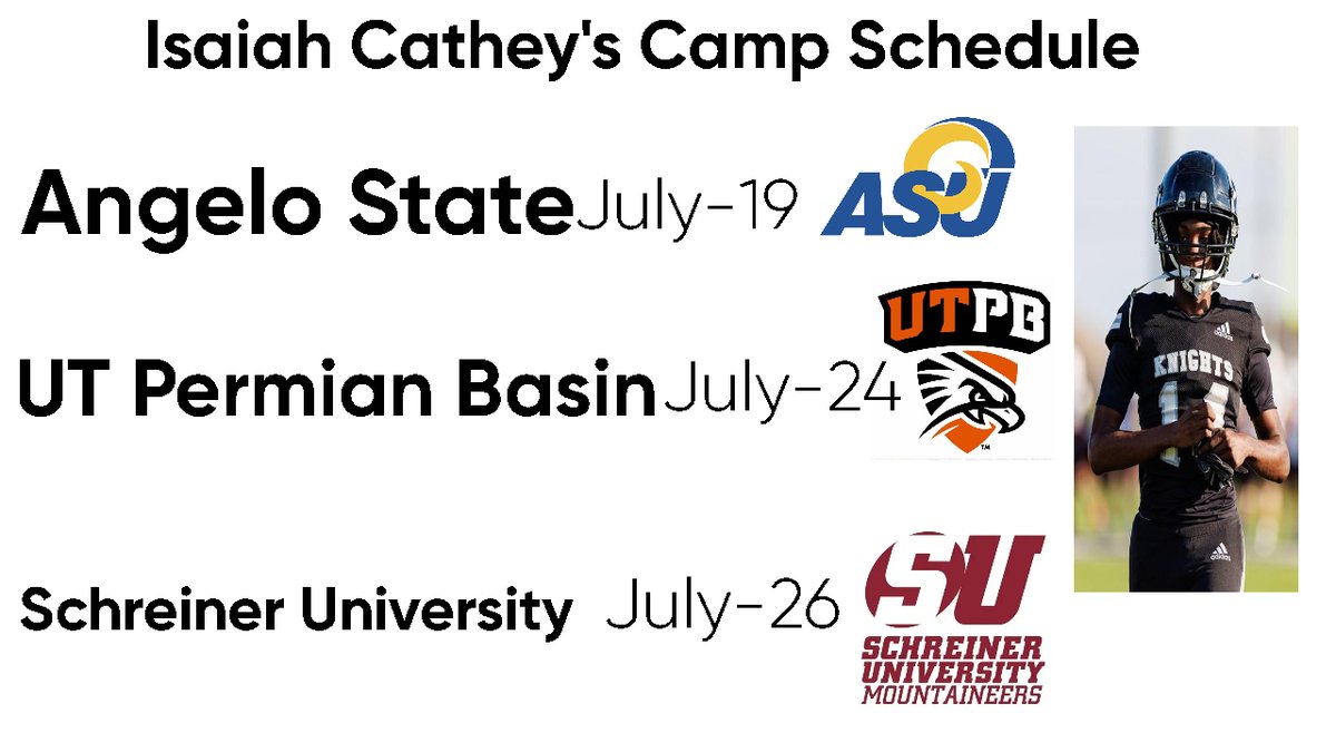 ZayOvr's tweet image. Here is my current camp schedule for July. Excited to compete.
@KevinKilmer @JeffGirsch @AngeloStateFB @BlakeCrandall @CoachK__Mac @UTPBFootball @coachkeithallen @coach_hallmark @SchreinerFB @Coach_Wiz9191 @Football_Steele