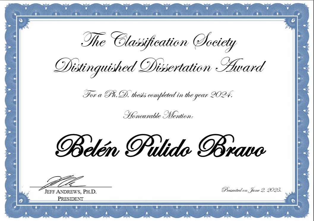 BigData_uc3m's tweet image. 🏆Belén Pulido (@bpulidob), postdoc at IBiDat, has received an Honorable Mention in the 2025 Classification Society DDA (@theClassSociety) for her thesis:

“Functional Techniques via Multivariate Methodologies.”

Curious about Belén’s work? Explore it here
theclassificationsociety.org/distinguished-…