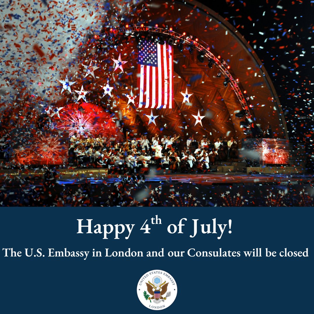 USAinUKConsular's tweet image. We wish everyone a happy 4th of July! In honor of America's 249th birthday, the U.S. Embassy in London and our Consulates General in Belfast Edinburgh and will be closed on Friday, July 4, 2025.