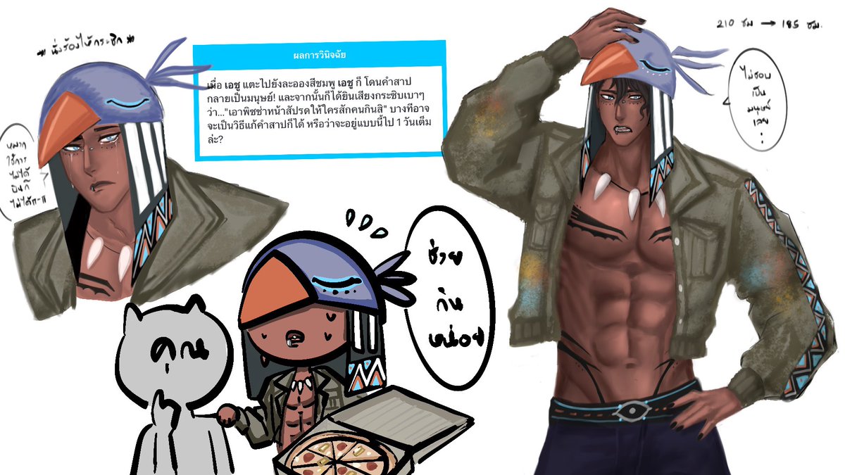 มองร่างกางตัวเอง ใช้หมวกมองไม่ได้ ดูเท้าดูตัวปีกหาย นั่งคุกเข่าแซด โทรซื้อพิซซ่าด่วนๆ มาเปิดให้คนอื่นกิน 

“เธอ/นาย ช่วยกินหน่อยนะสักชิ้น”

“ช่วยฉันหน่อยนะ ฉันไม่อยากเป็นมนุษย์”ส่งสายตาอ้อน🥹🥺