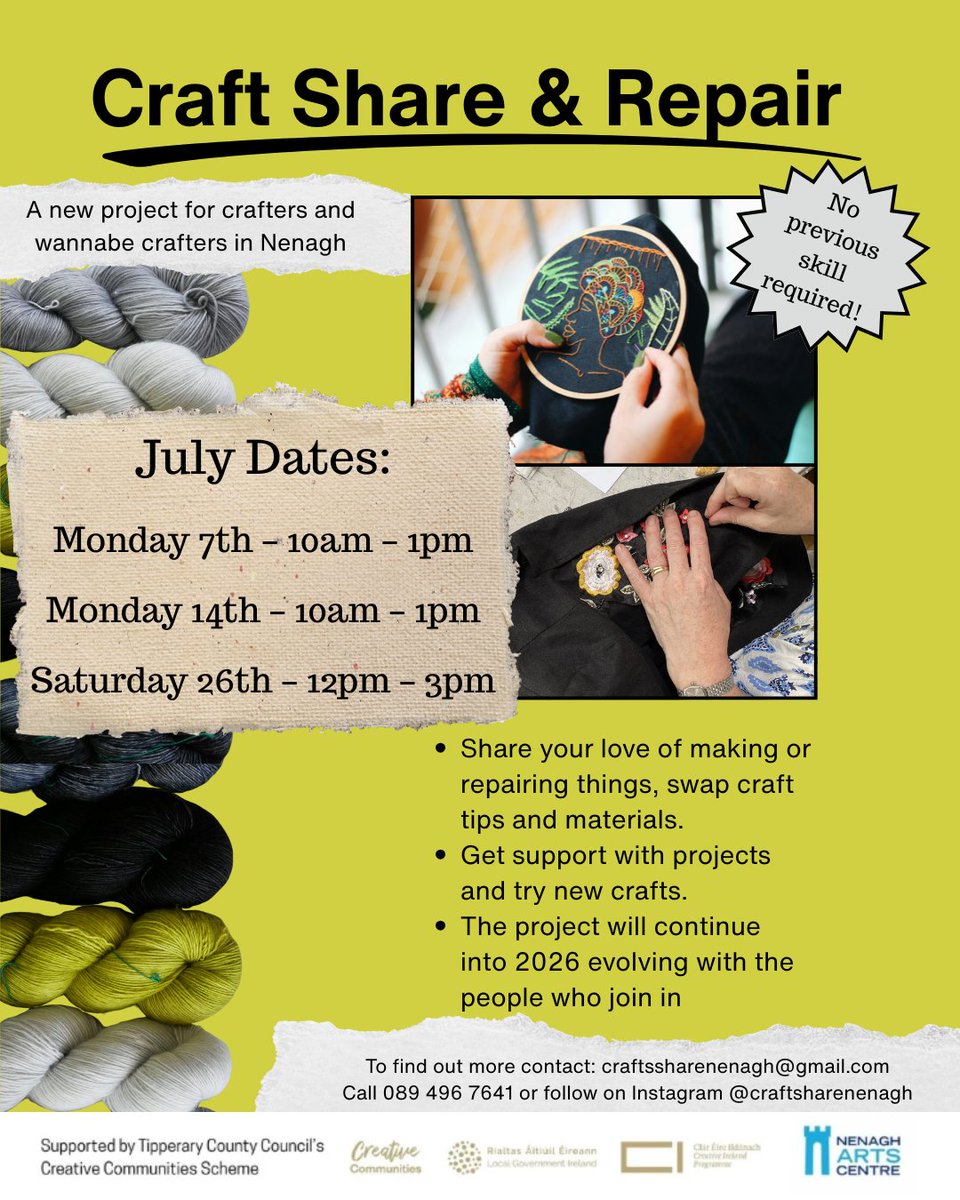 Are you looking for a space for crafters and wannabe crafters in Nenagh? It's your lucky day with Craft, Share and Repair back for another week!
📅 Monday, July 7th
⏰10:00am
🎟FREE entry, no booking required!
All welcome, no previous skill required.