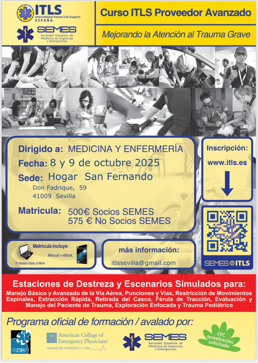 SEMES ITLS-España (@itls_spain) on Twitter photo Curso <a href="/ITLS/">International Trauma Life Support (ITLS)</a> #ITLSAvanzado dirigido q médicos y enfermeras en Sevilla en modalidad mixta, cuya fase presencial es el 8 y 9 de octubre de 2025.
Parte presencial con 10 estaciones de destreza y 6 escenarios simulados.
Info en itlssevilla@gmail.com
#MejorandoLaAtencionAlTraumaGrave Curso <a href="/ITLS/">International Trauma Life Support (ITLS)</a> #ITLSAvanzado dirigido q médicos y enfermeras en Sevilla en modalidad mixta, cuya fase presencial es el 8 y 9 de octubre de 2025.
Parte presencial con 10 estaciones de destreza y 6 escenarios simulados.
Info en itlssevilla@gmail.com
#MejorandoLaAtencionAlTraumaGrave