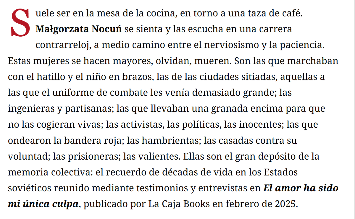Cristina Gimeno reseña 'El amor fue mi única culpa' en las páginas de <a href="/zendalibros/">Zenda</a> ❤️‍🔥

"La obra, al tiempo que ejercicio periodístico de gran calado, es el rescate de una red de voces que arrojan luz sobre uno de los paisajes más decisivos del siglo XX" zendalibros.com/otro-fantasma-…