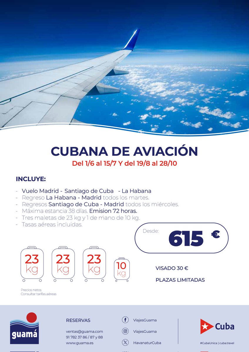 Si todavía no tienes tu vuelo a Cuba, aquí tienes la oportunidad perfecta.😎🇨🇺👌 Viaja con 3 maletas de 23 kilos y disfruta de tus vacaciones. ¡Corre que vuelan!
#CubaUnica #CubaTeEspera #AtreveteaVivirlo #travelling #vuelosacuba