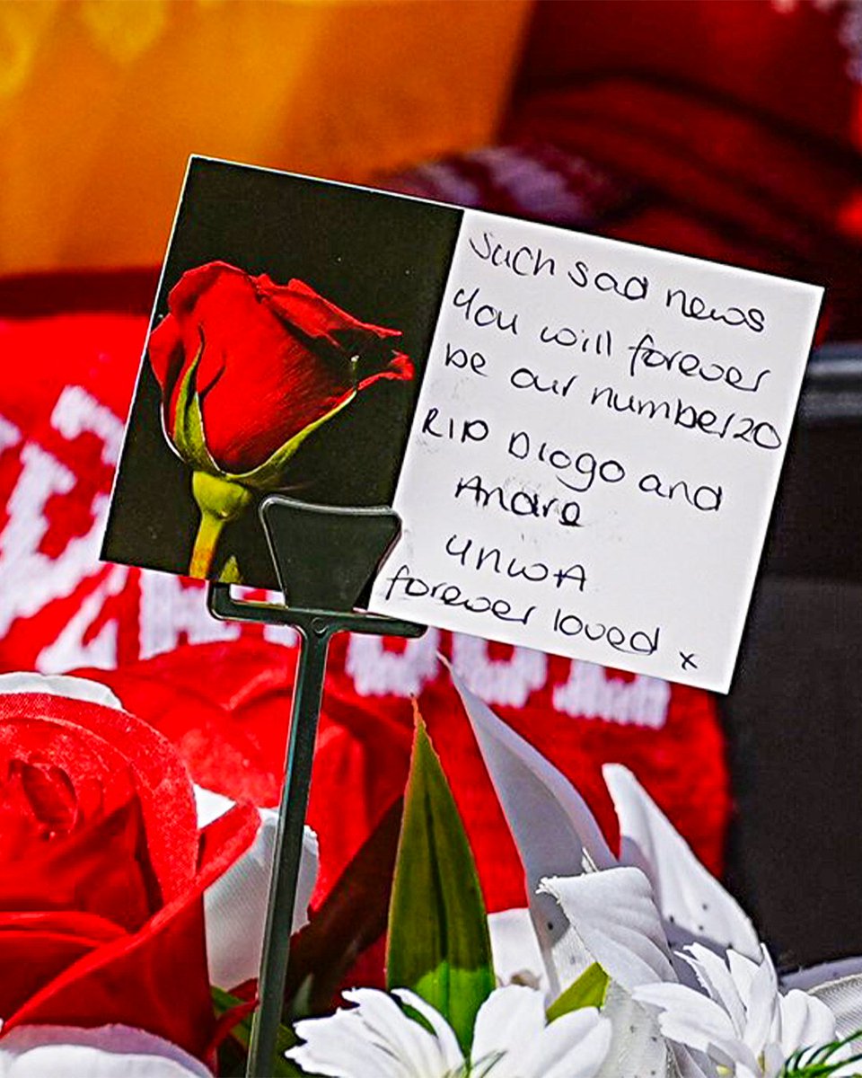 "You will forever be our number 20."

Fans have been leaving their own tributes outside of Anfield following the news of Diogo Jota's death.