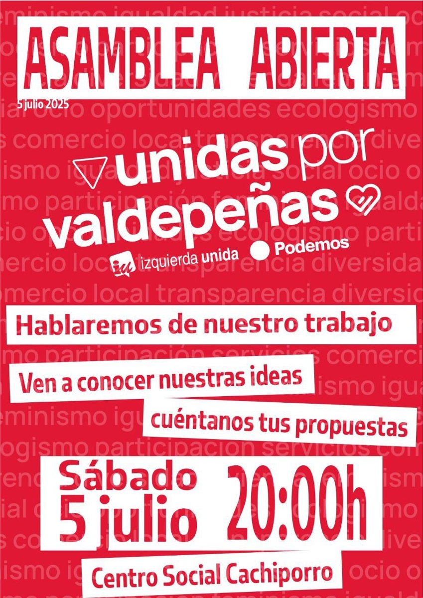 Si vives en Valdepeñas y crees que hay asuntos que deberían ser abordados y tratados a nivel municipal, <a href="/iuvaldepenas/">IU Valdepeñas 🔻</a> te invita a participar en su asamblea abierta.

📆 Este sábado 5 de julio
🕟 20:00

🎤 Micro abierto!