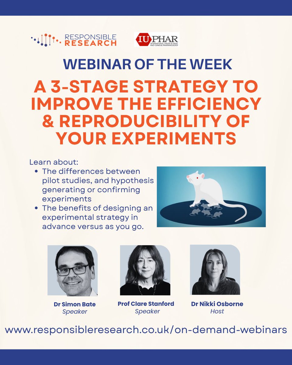 🔹 Webinar of the Week 🔹
Join Dr Simon Bate &amp; Prof Clare Stanford for a 1-hour on-demand webinar about a 3-stage strategy to boost reproducibility &amp; reduce animals in studies. Learn about study types, planning versus ad hoc design &amp; more.
attendee.gotowebinar.com/register/77984…

#Webinar
