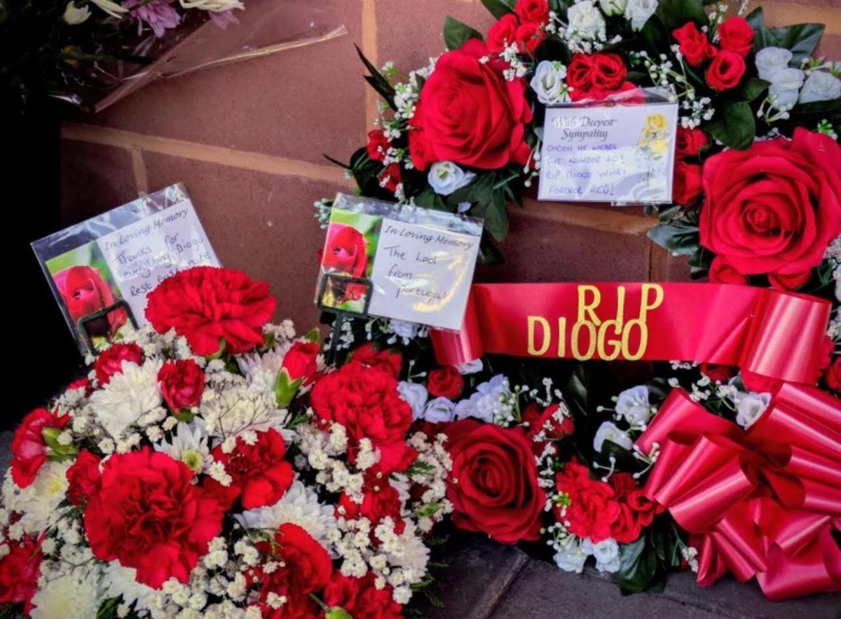 Liverpool fans have placed flowers and other tributes around Anfield, after the death of Diogo Jota.