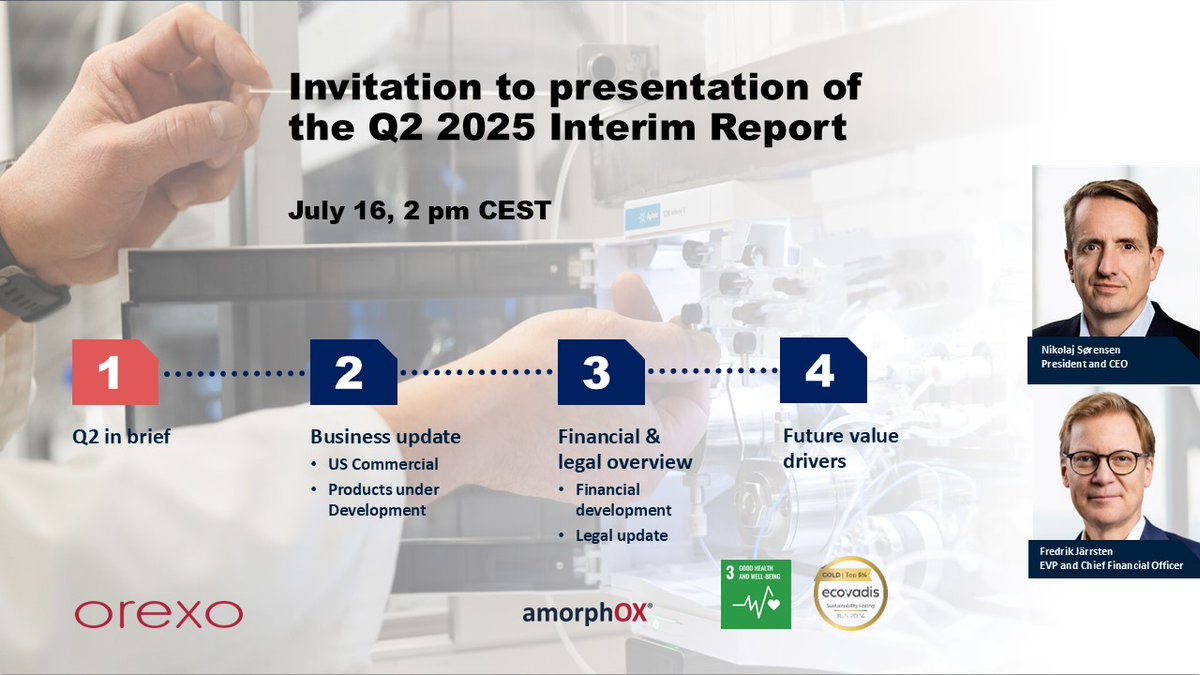Join us on July 16 at 2 pm CEST for a live presentation of Orexo’s Q2 Report. Get the latest updates &amp; insights, followed by a Q&amp;A.
👉 Report published at 8 am CEST the same day.
#opioidcrisis #drugdevelopment #AmorphOX 
+ info shorturl.at/CHauI