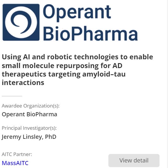 a2 Collective #awardee Operant BioPharma is piloting AI and robotics to repurpose small molecules targeting amyloid–tau interactions in Alzheimer’s disease. Led by Jeremy Linsley with <a href="/MassAITC/">MassAITC</a>. #cohort4 #ADRD #AI #drugdiscovery a2collective.ai/awardees/opera…