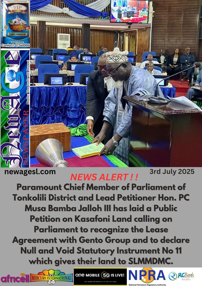 thomasd05987132's tweet photo. Lead Petitioner for the People #Sambaia, #Diang and #Dansogoia Chiefdoms in Tonkolili District, Hon PC Member of Parliament #MusaBambaJalloh today laid the public petition on the #KasafoniLand in line Standing Order 17 of rules governing Parliament.
Among other things, the petition calls for Parliament to recognize the agreement of the people of the three Chiefdoms with @GentoGroupWins and for Parliament to declare null and void Statutory Instrument No 11 which gives their Land to Sierra Leone Mines and Mineral Development Management Corporation (SLMMDMC) as against Section 21 of the Constitution of Sierra Leone and the Public Land Act Cap 116 of the laws of Sierra Leone.
The petition was unanimously accepted by the House of Parliament.
#LandRight #MiningConflict
@julius_maadabio @VP_Jalloh @dsengeh @WorldBankAfrica @IMFNews @EITIorg @mof_sl