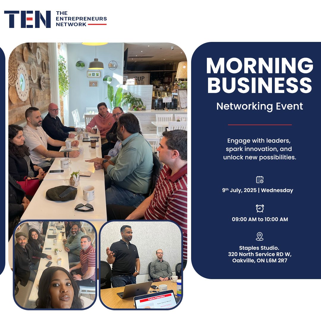 Start Smart with TEN!
Join us for high-impact networking and new business opportunities.
📅 July 9,2025  | ⏰ 9–10 AM
📍 Staples Studio, Oakville
🔗 Register: eventbrite.ca/e/business-net…

#TENNetworking #BusinessGrowth #OakvilleEvents #NetworkingEvent