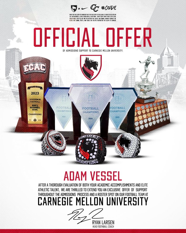 Adam Vessel ‘26 (@theadamvessel) on Twitter photo #AGTG After a great conversation with <a href="/Coach_Kay19/">K. K. Rountree🇹🇹</a> I’m blessed to receive an offer from the prestigious Carnegie Mellon <a href="/RPHS_FB/">Ridge Point Football</a> <a href="/CoachKScholz/">Kevin Scholz</a> <a href="/Coach_LaFavers/">Rick LaFavers</a> #AGTG After a great conversation with <a href="/Coach_Kay19/">K. K. Rountree🇹🇹</a> I’m blessed to receive an offer from the prestigious Carnegie Mellon <a href="/RPHS_FB/">Ridge Point Football</a> <a href="/CoachKScholz/">Kevin Scholz</a> <a href="/Coach_LaFavers/">Rick LaFavers</a>