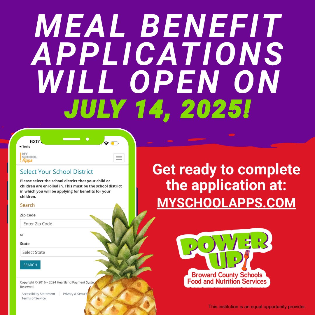 We’re just 1️⃣1️⃣ days away from opening the Meal Benefit Application site, so mark your calendar! 📅

Applying early ensures your student’s lunch eligibility is confirmed before school begins. 🍎

⏳ Complete the application on Monday, July 14, 2025, at myschoolapps.com