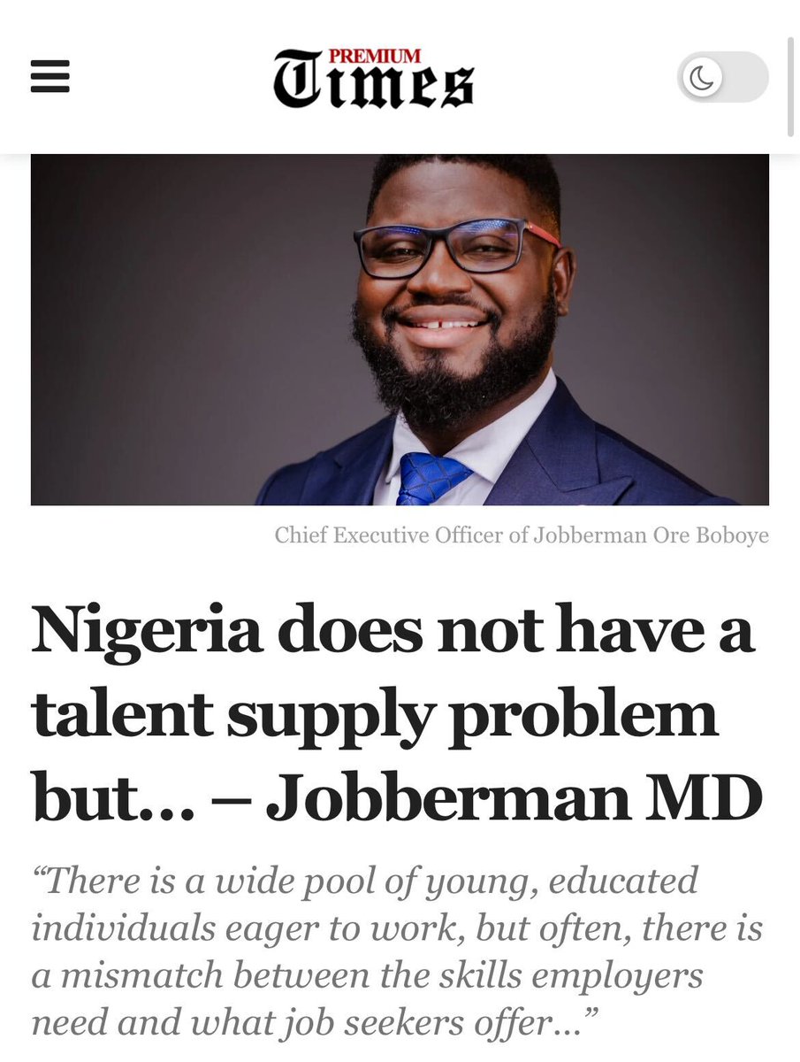 Jobbermandotcom's tweet photo. In a recent Premium Times Nigeria feature, our MD, Oreoluwa Boboye, highlighted the disconnect between the skills employers need and what many job seekers currently offer. 

Read the full article here: https://t.co/5vsR0OaOlU

#JobbermanNigeria #ExecutiveRecruitment #ProRecruit https://t.co/J2nY2Ay05F