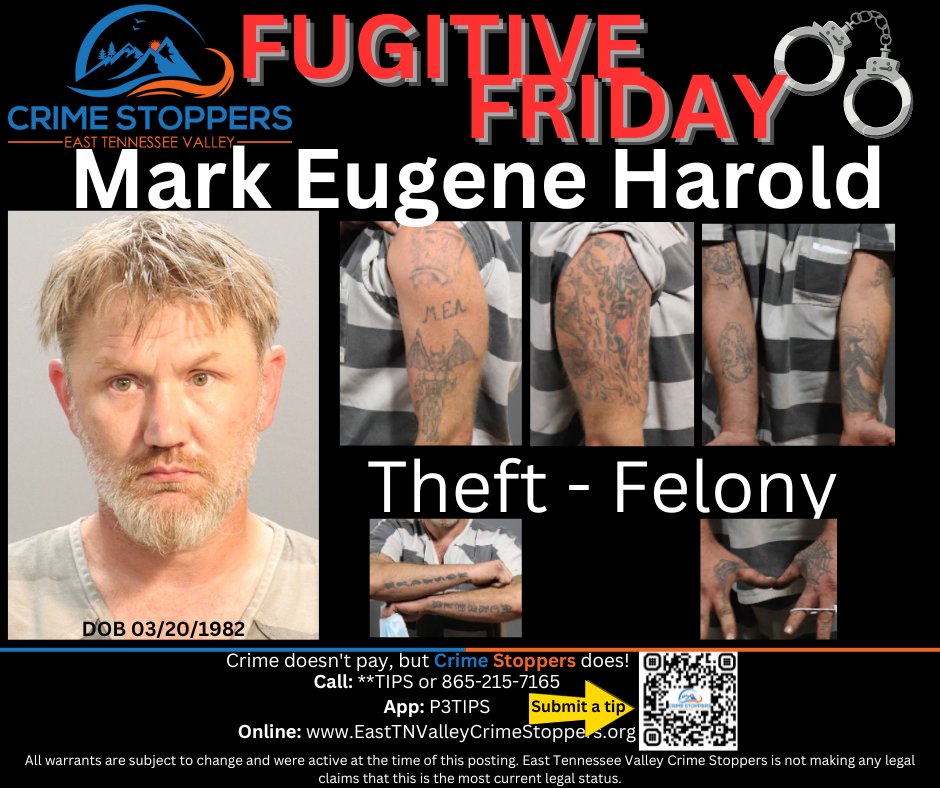 FUGITIVE FRIDAY: #WANTED 
We need your help finding Mark Harold, wanted by <a href="/Knoxville_PD/">Knoxville Police TN</a> for felony theft. 

Know him? Submit an anonymous tip to East TN Valley Crime Stoppers. Your tip may=💰!

Let's get him off the streets! RT!

#FugitiveFriday #Knoxville #CrimeStoppers