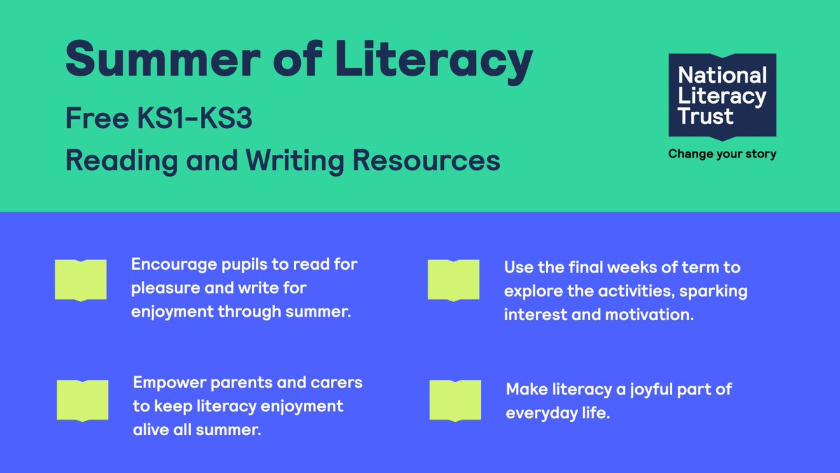Literacy_Trust's tweet image. Looking for end-of-term literacy ideas?
Kick off fun activities in class to help keep pupils reading and writing over summer 🌞✏️.
Free resources for Key Stages 1 - 3: literacytrust.org.uk/resources/summ…