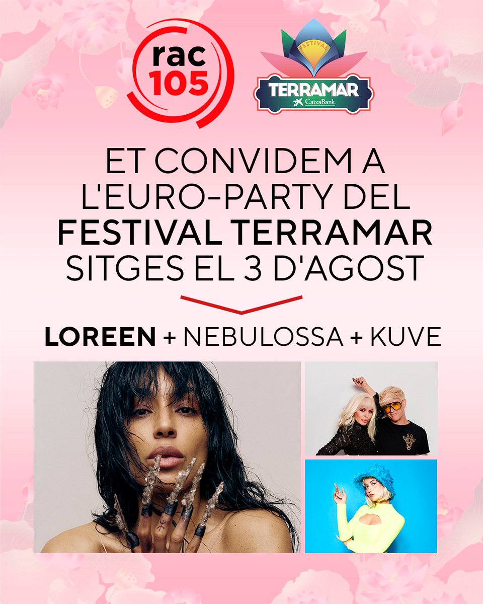 RAC105 (@rac105) on Twitter photo ATENCIÓ EUROFANS! 🎉
Rac105 convida 5 oients (+acompanyant) a l'Europarty del festival Terramar de Sitges el 3 d'agost amb els concerts de <a href="/LOREEN_TALHAOUI/">LOREEN</a> <a href="/Nebulossa_of/">🦊Nebulossa</a> i Kuve! Segueix a <a href="/rac105/">RAC105</a> i a <a href="/TerramarFest/">Festival Terramar CaixaBank</a> al nostre Instagram i etiqueta qui t'acompanyarà al concert! 🔥 ATENCIÓ EUROFANS! 🎉
Rac105 convida 5 oients (+acompanyant) a l'Europarty del festival Terramar de Sitges el 3 d'agost amb els concerts de <a href="/LOREEN_TALHAOUI/">LOREEN</a> <a href="/Nebulossa_of/">🦊Nebulossa</a> i Kuve! Segueix a <a href="/rac105/">RAC105</a> i a <a href="/TerramarFest/">Festival Terramar CaixaBank</a> al nostre Instagram i etiqueta qui t'acompanyarà al concert! 🔥