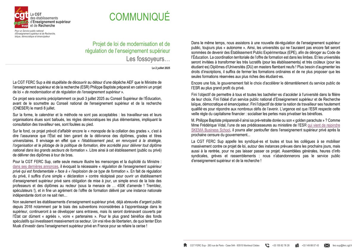 CGT Paris 1 (@cgt_1) on Twitter photo Projet de loi « de modernisation et de régulation de l’enseignement supérieur » : les fossoyeurs de l'ESR public s'activent avant la coupure estivale !
Lire le Communiqué de l'Union Nationale <a href="/CgtFercSup/">CGT FERC Sup</a> publié le 2 juillet : cgt.fercsup.net/les-dossiers/e… Projet de loi « de modernisation et de régulation de l’enseignement supérieur » : les fossoyeurs de l'ESR public s'activent avant la coupure estivale !
Lire le Communiqué de l'Union Nationale <a href="/CgtFercSup/">CGT FERC Sup</a> publié le 2 juillet : cgt.fercsup.net/les-dossiers/e…