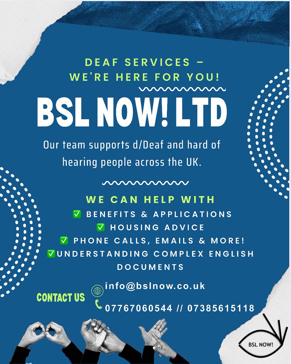 Do you know about Deaf service? 
Need support with daily tasks?
We’re here for the d/Deaf and hard of hearing community across the UK! 
Please contact us! 
#BSL #deafservice #uk