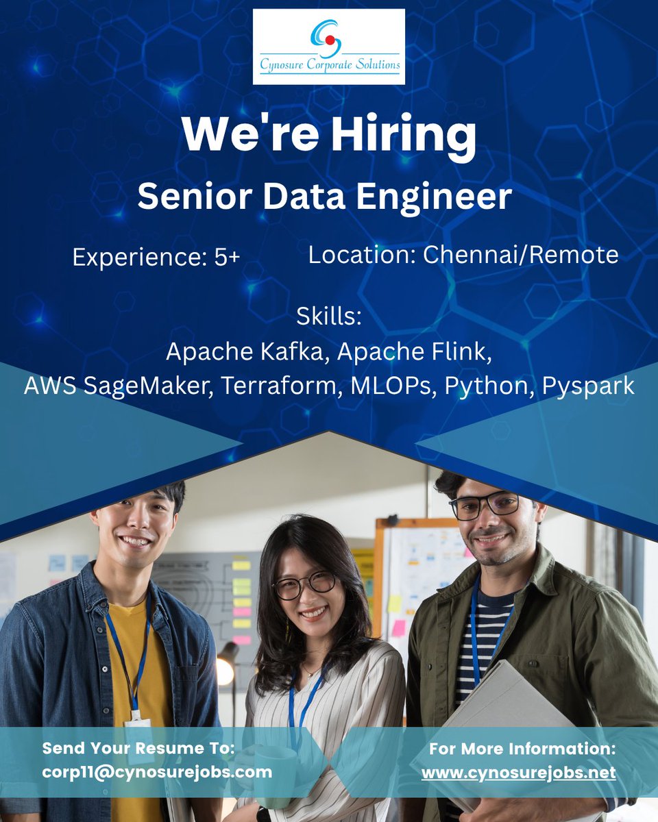 cynosurejobs's tweet image. Hello Everyone,

We are hiring a Senior Data Engineer with 5+ years of Experience
Location: Chennai/Remote 

Apply now: jobs.cynosurejobs.net/jobs/Careers/2… 
Email: corp@cynosurejobs.com
Contact: 9840210149 
 
#SeniorDataEngineer #ApacheKafka #AWSSageMaker #Python #Pyspark #MLOPs #ApacheFlink