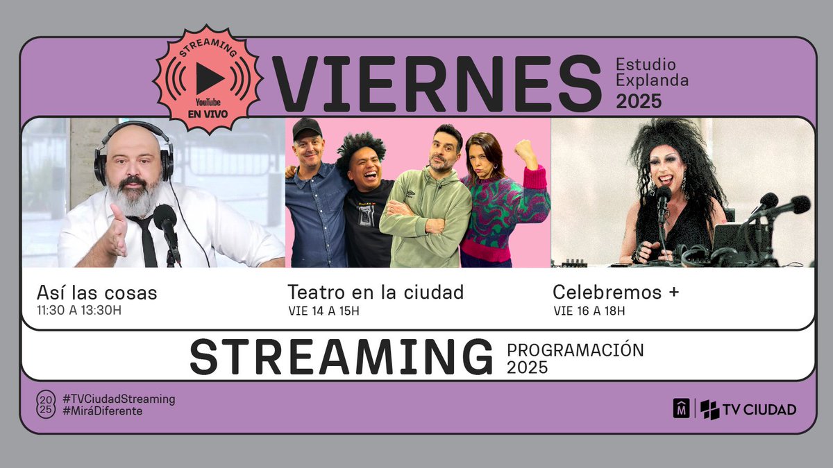 TVCIUDADuy's tweet photo. Viernes 😍🎉
Hoy en #TVCiudad

🐣 7 y 16:30h #PaseoAnimado
📰 8, 13 y 18:30h #MVDNoticias • En vivo ¡Nuevo horario! 
🧉 9h #CiudadViva • En vivo
🎧 11:30h #AsiLasCosas • Streaming
🎧 14h #Teatroenlaciudad • Streaming
🎧 16h #Celebremos + • Streaming
🌆 17:30h #MiraMontevideo • ¡Nuevo Horario!
🧐 20h #LadoB • En Vivo
🌐 21h #Conexiones • Estreno
🍲 22h #Noespaisparasosos • Ep 3 de 8 
🎙️ 23h #SesionesPegaso • Estreno
🌊 23:30h #Oceanides • ¡Penultimo Ep!

Seguí  @TVCIUDADuy 📺#MiráDiferente