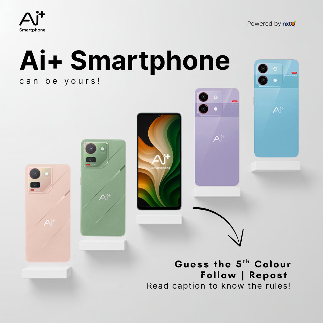 We’re giving you a chance to win the Ai+ Smartphone! 🎉

To enter:
✅ Guess the 5th colour of Ai+ Smartphone
✅ Tag us
✅ Repost this tweet &amp; follow us

Let’s go! 🔥

#AiPlusSmartphone #Giveaway #BuiltForIndia #TechGiveaway