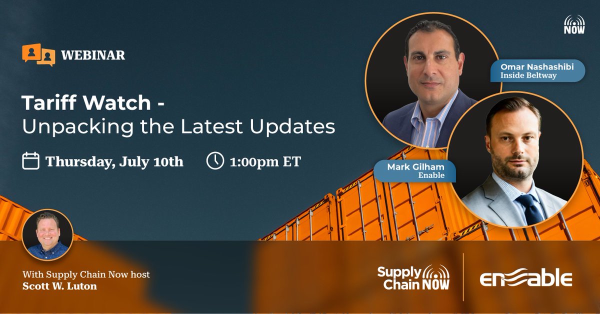 🚨 Tariffs are changing fast—and your supply chain could feel it next.
Join @Scottwluton with Omar Nashashibi from Inside Beltway and Mark Gilham from <a href="/EnableSoftware/">Enable</a> to learn what’s coming and how to protect your margins.

📅 Register now: hubs.ly/Q03vyfSh0