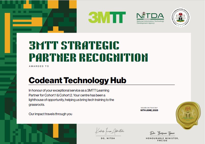 Codeant Technology Hub (@codeanthub) on Twitter photo Big News!
Codeant Technology Hub has been officially recognized as a <a href="/3MTTNigeria/">3MTT Nigeria</a> Strategic Partner.
As a pioneer hub in Cohort 1 & 2, our consistency, competence, and community impact in tech training continue to speak
We’re just getting started!
#3MTT #Codeant #techforall Big News!
Codeant Technology Hub has been officially recognized as a <a href="/3MTTNigeria/">3MTT Nigeria</a> Strategic Partner.
As a pioneer hub in Cohort 1 & 2, our consistency, competence, and community impact in tech training continue to speak
We’re just getting started!
#3MTT #Codeant #techforall