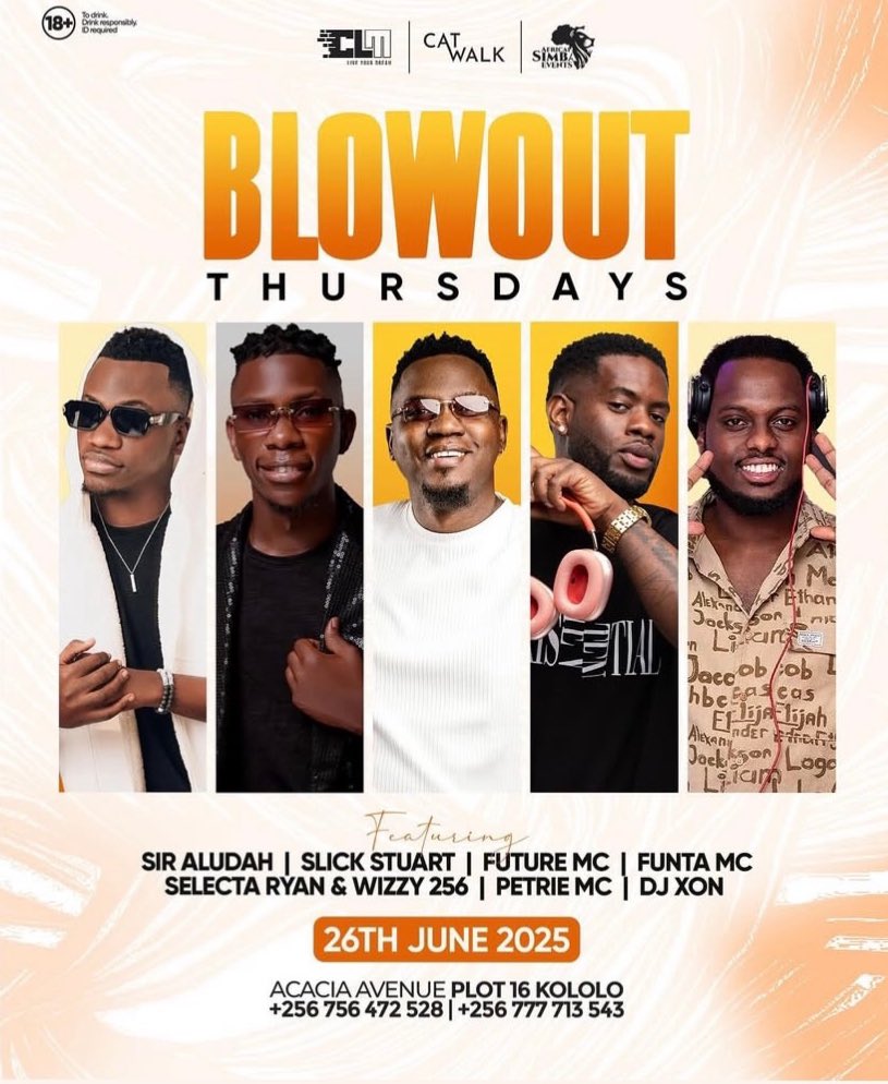 Get ready for an electrifying Blow Out Thursday at <a href="/CatwalkKla/">Catwalk Lounge Kampala</a> tonight! <a href="/DjAludah/">Sir. Aludah 👑</a>, <a href="/djSlickStuart/">djslickstuart</a>, <a href="/DjXonOfficial/">Djay Xon</a>, <a href="/SelectaRyan_/">Selecta Ryan 🇺🇬</a>, and <a href="/deejaywizzy256/">Deejay Wizzy 256</a> will dominate the decks with unstoppable beats.