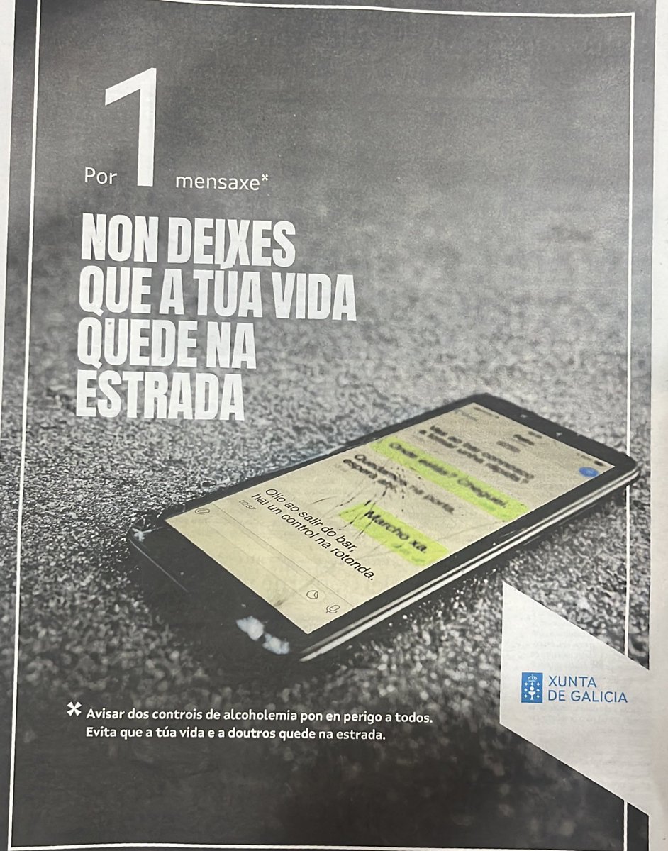 Avisar de los controles de alcoholemia pone en peligro a todos. Evita que tu vida y la de otros quede en la carretera. El mensaje de la <a href="/Xunta/">Xunta de Galicia</a> que se suma a nuestra lucha por la prohibición de estas aplicaciones que nos pone en riesgo a todos. GRACIAS.