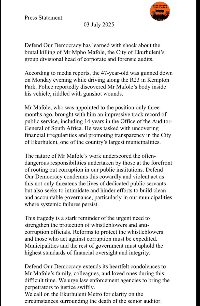[STATEMENT] Defend Our Democracy condemns the brutal killing of Mr Mpho Mafole, the City of Ekurhuleni’s group divisional head of corporate and forensic