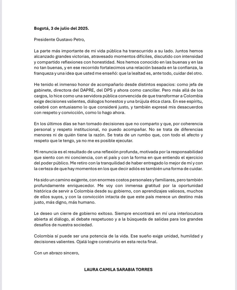 🚨ATENCIÓN | Laura Sarabia renunció a la Cancillería de Colombia. "En los últimos días se han tomado decisiones que no comparto", explicó en el escrito.