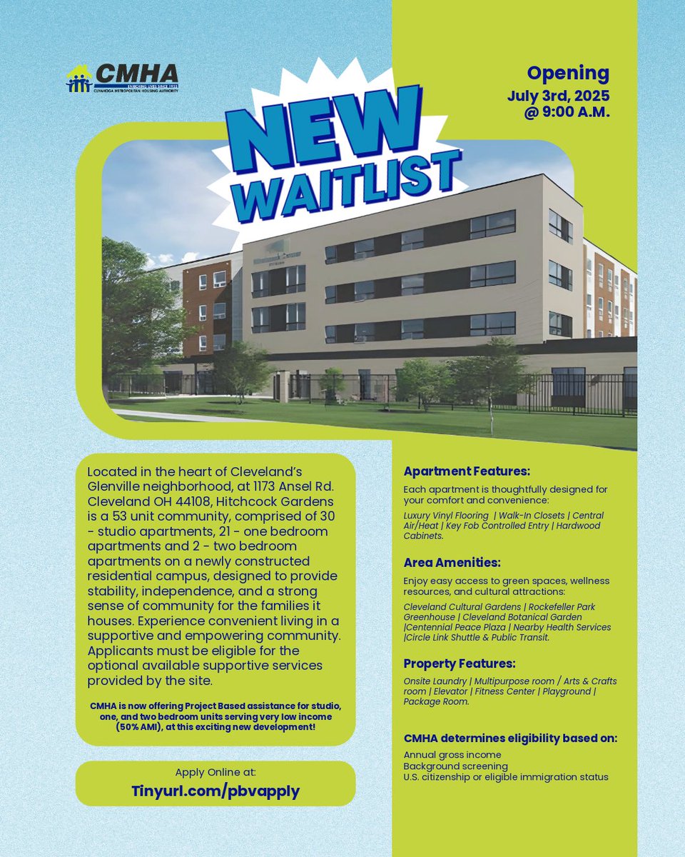 New waitlist opening TODAY at 9:00 AM. 🎉 Hitchcock Gardens, located in the heart of Cleveland's Glenville neighborhood, offers studio, one, and two-bedroom apartments. 🏠 We invite you to learn more about this opportunity and apply online at Tinyurl.com/pbvapply.