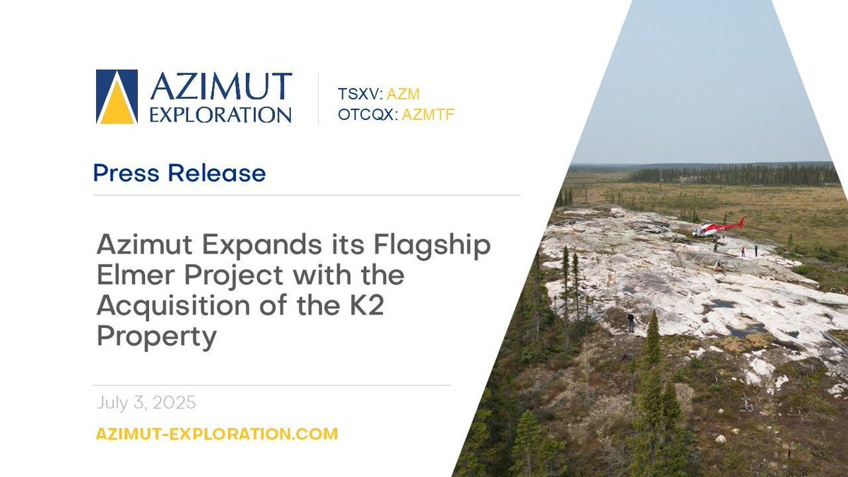 News Release: Azimut Expands its Flagship Elmer Project with the Acquisition of the K2 Property
buff.ly/utnvu1a 
$AZM.V #Elmer #Gold #QuebecExploration