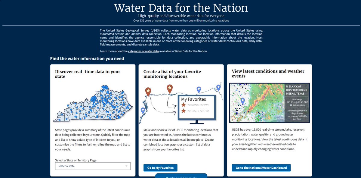 💦Are you looking for water data? Start here, USGS Water Data for the Nation: ow.ly/VBax50Wk0Xa.
USGS has been collecting high-quality water data at more than one million monitoring locations for over 135 years.
